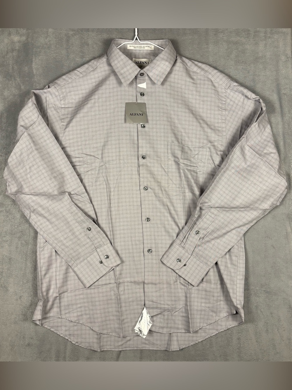 NWT Alfani Dress Shirt Mens 17‎ 34/35 Grey Check Plaid Long Sleeve Tencel Cotton